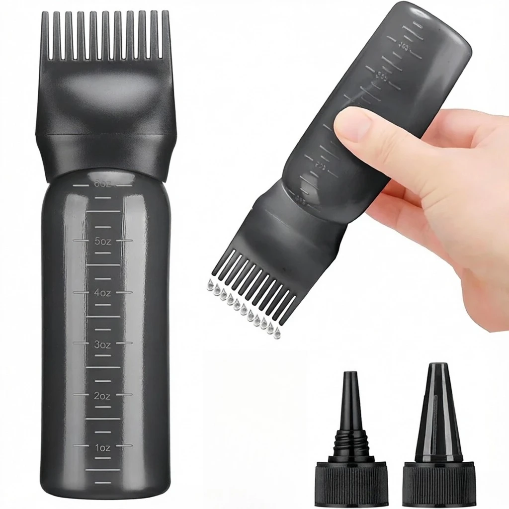 Hair Oil Application Bottle, with 3 Pointed Mouth Caps and 6 Ounces Hair Dye Bottle Root Comb, Suitable for Scalp (black&white)