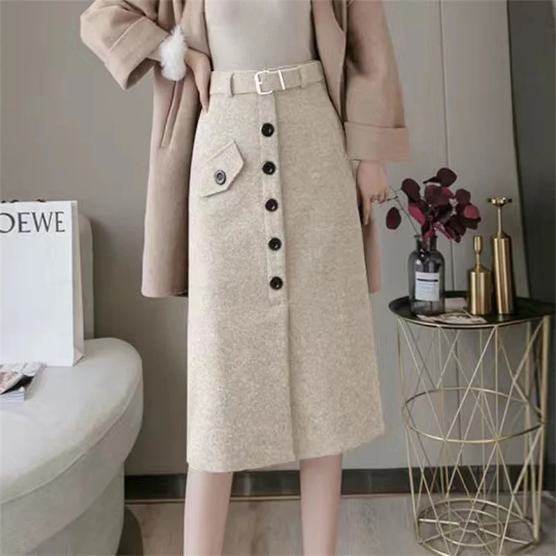

Woolen Warm Winter Skirts for Women Midi Length High Waisted Slim Elegant Apricot Office Work Skirts Ladies Faldas Para Mujeres