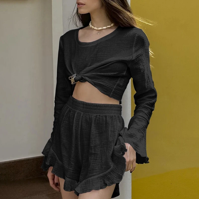 

Женский элегантный однотонный пижамный комплект, топ и шорты с длинными рукавами и круглым вырезом, свободные и дышащие, отлично подходят для летней одежды для сна, ночное белье