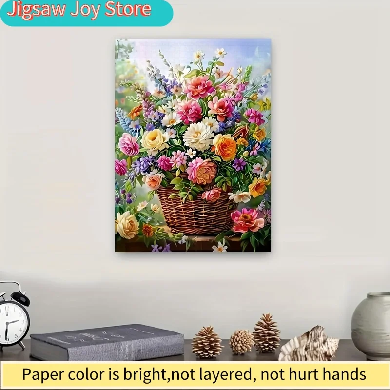 1000pcs Floral Basket puzzle for - White Base with Multicolor Flowers, Portable DIY Art Craft, Challenging Brain Teaser & Deco