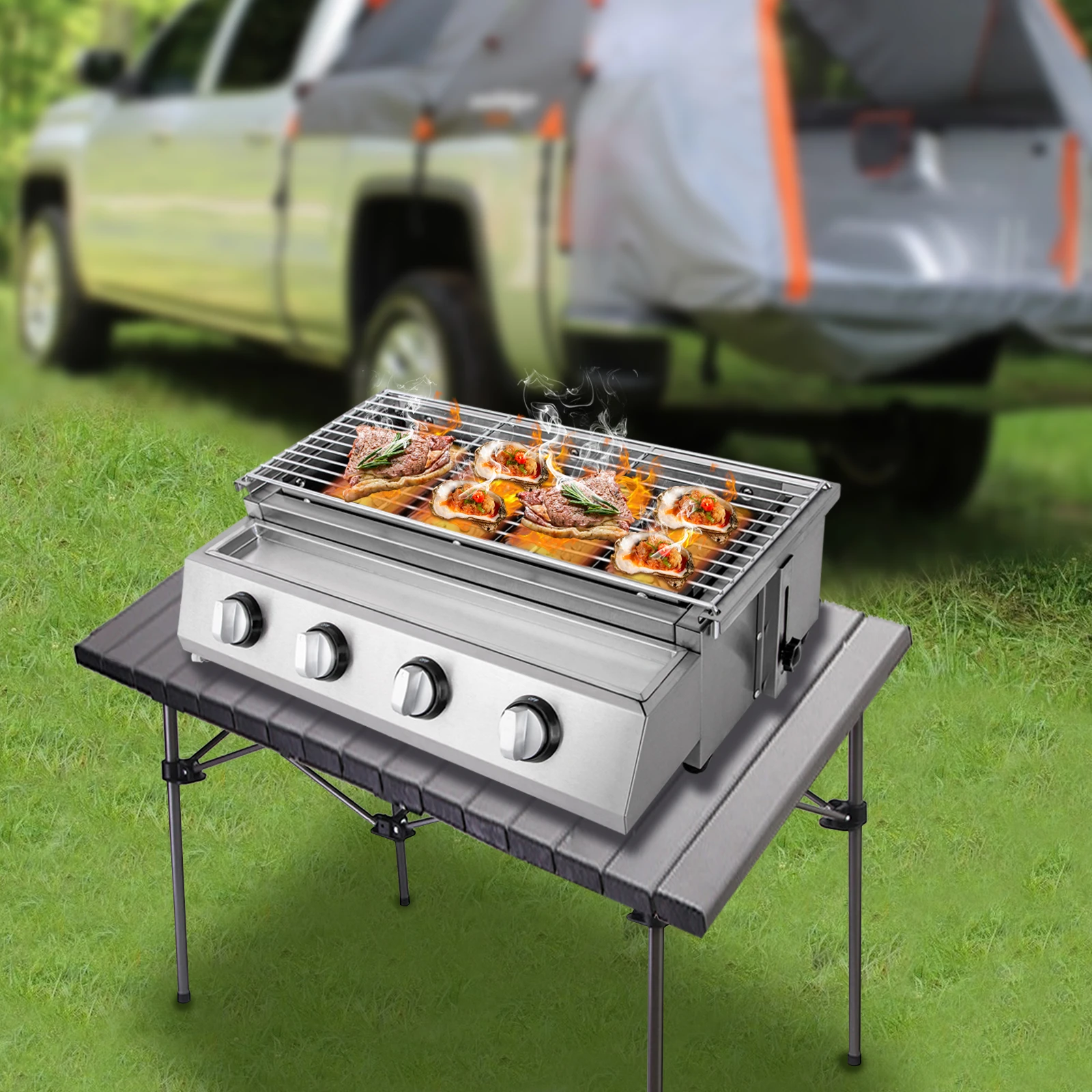 Portable 4 Burner Gas Cooktop BBQ Gas Grill Stove Outdoor LPG Burner Smokeless