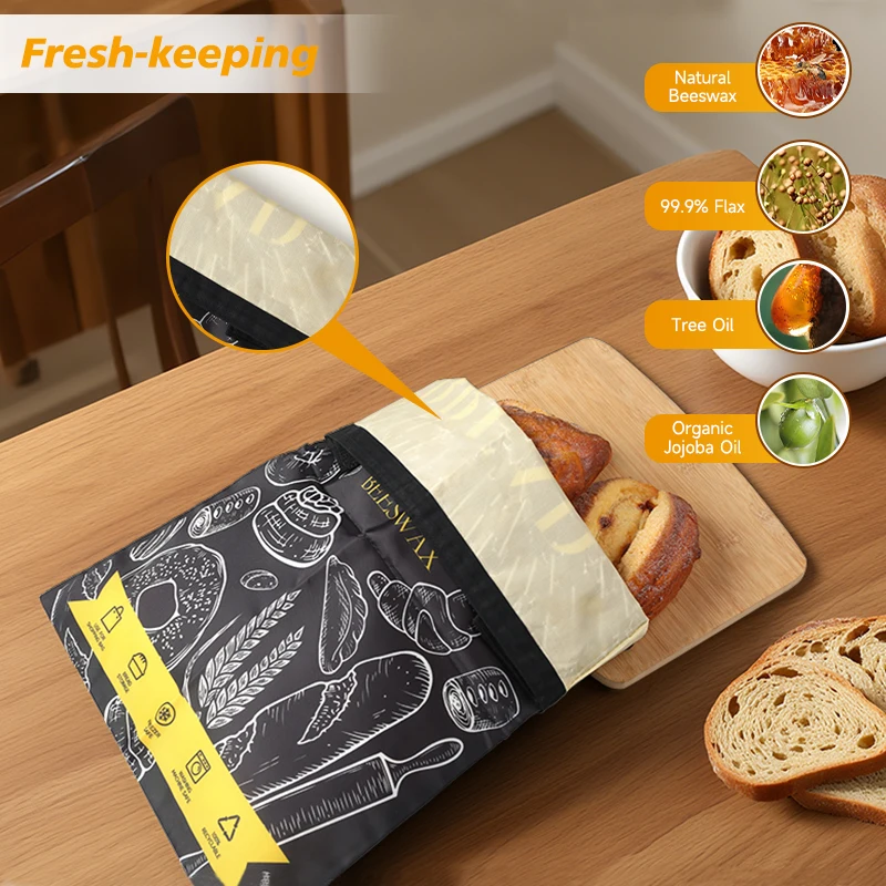 1pc Black Beeswax Bread Bag - Eco-friendly Refrigerator Preservation Drawstring Velcro Model for Sandwich Storage Beeswax Bread