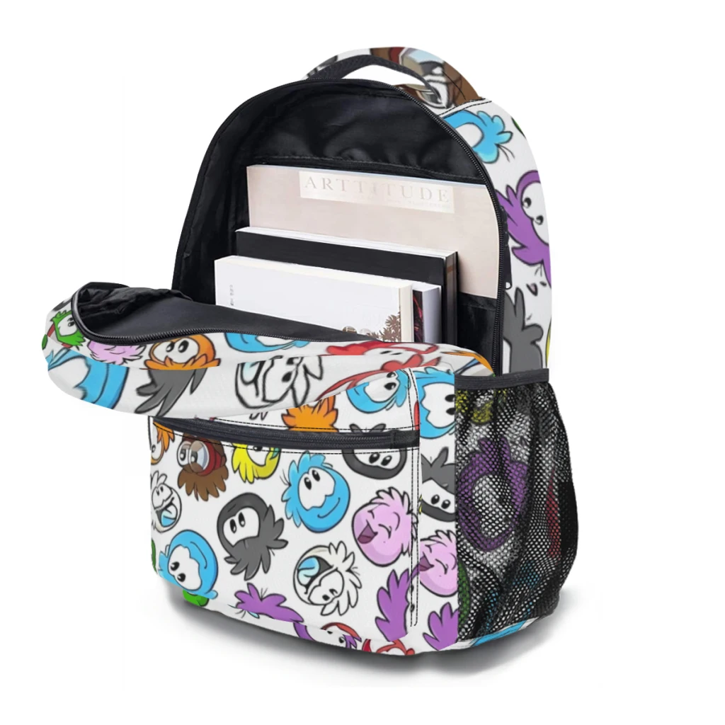 Mochila Pinguim de Grande Capacidade, Puffle Padrão-Club Bag, Trendy Book Bag, Multi-bolsos, Ajustável 17 ", Novo Estilo