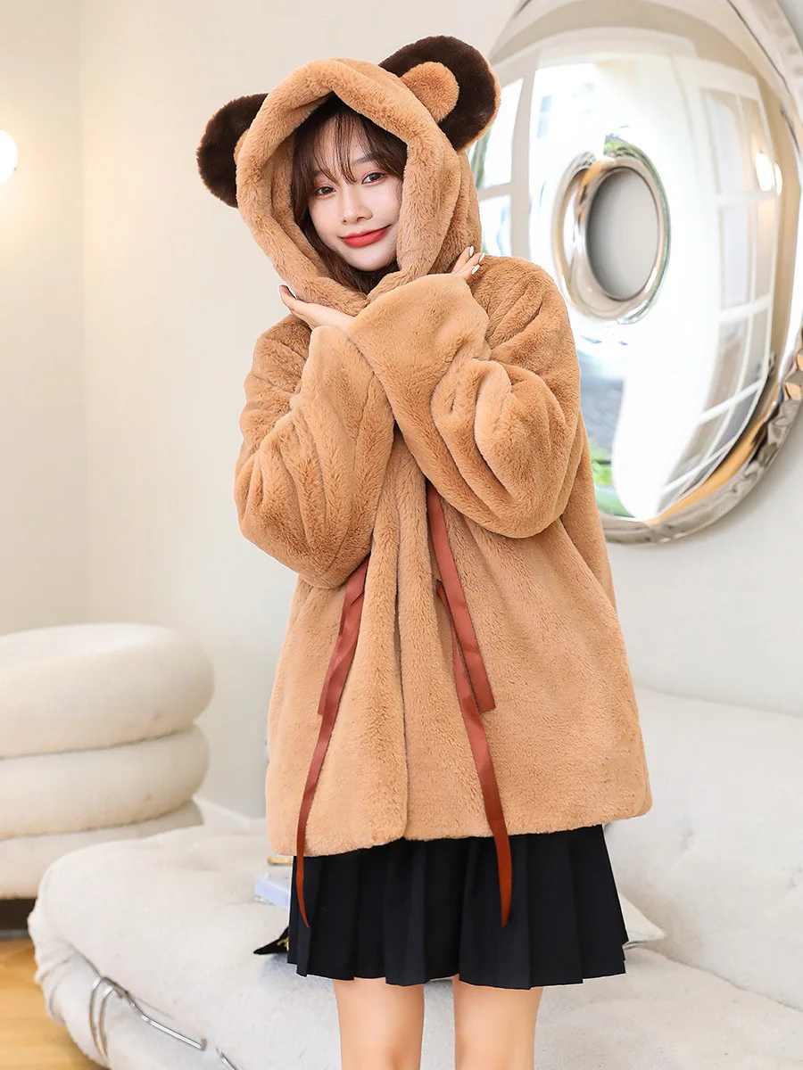 2024New Bear Style Winter Lovely Plush Coat femminile Kawaii Bear Ears spessa con cappuccio Soft Fluffy Faux Rabbit imitazione pelliccia Lolita