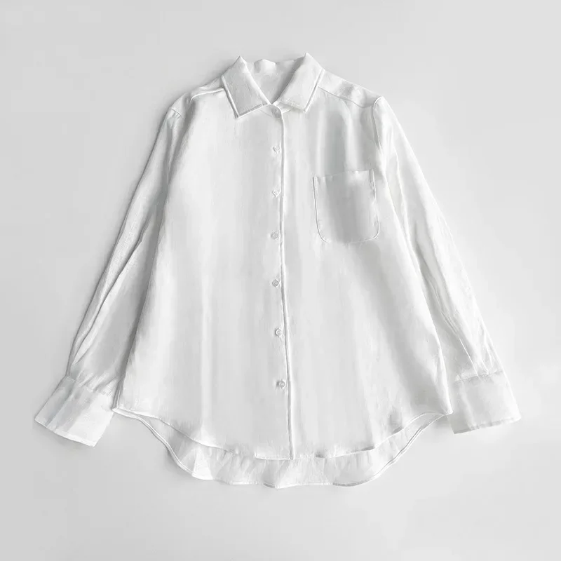 

Dry Linen~POLO Collar Long Sleeve Silhouette Slightly Transparent Shirt Texture Texture Layered Elegant Top for Women