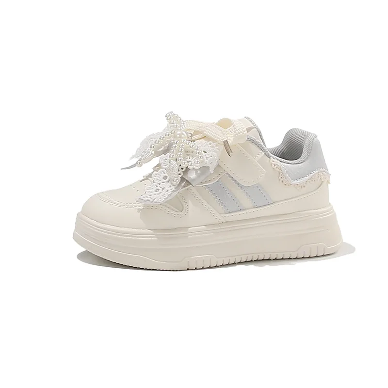 Girls Lace Pearl Bow White Sneakers, Casual Shoes, Non Slip Thick Rubber Sole Lightweight Breathable Kids Daily Shoes EU26-37