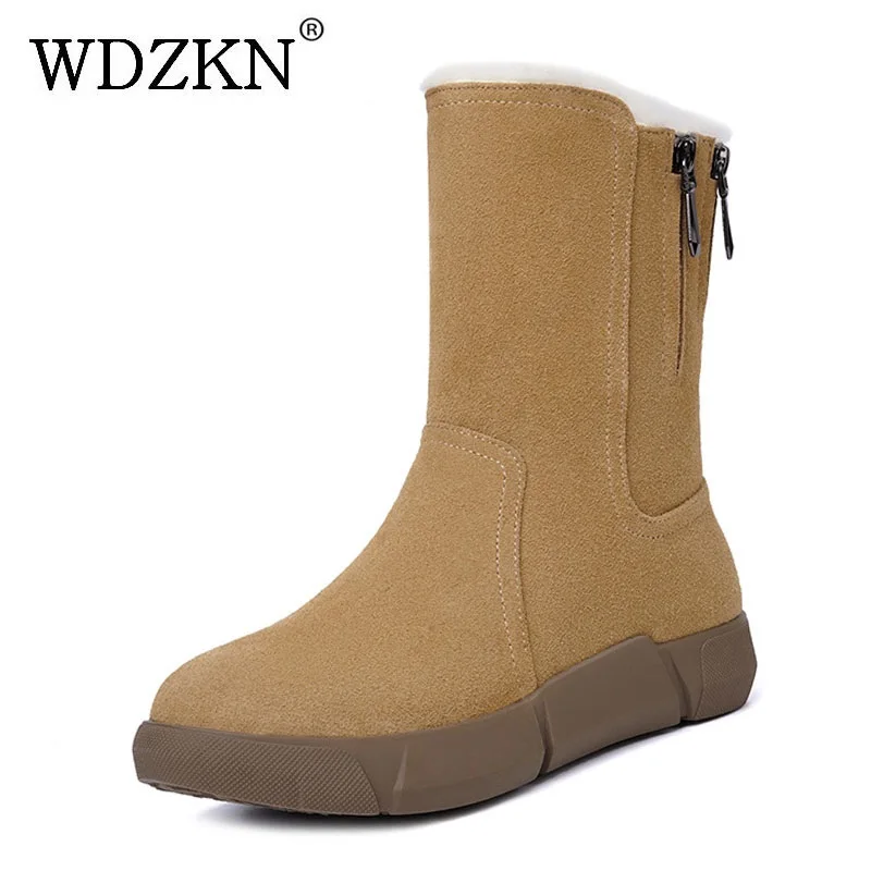 WDZKN Women Snow Boots Winter Classic Cow Suede Leather Round Toe Shearling Natural Wool Warm Flat Mid Calf Boots Big Size 41 42