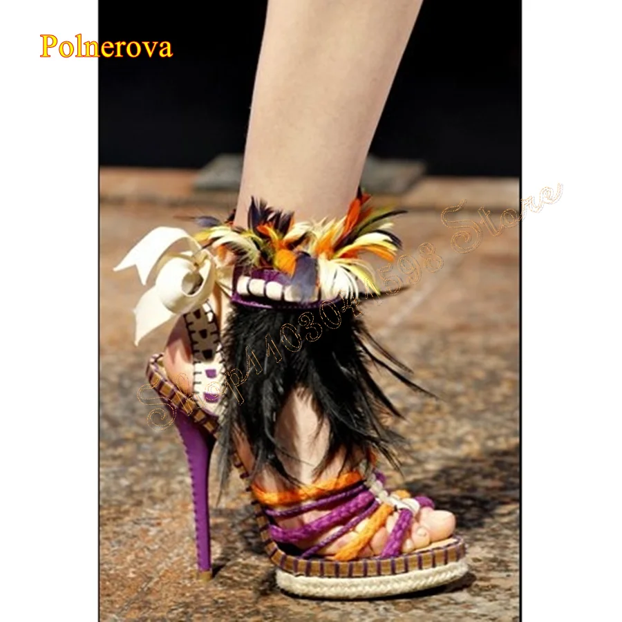 

Vintage Feather Straw Sandals Platform Pointed Toe High Heels Thin Heel Wedding Party Women Shoes 2024 New Zapatos Para Mujere