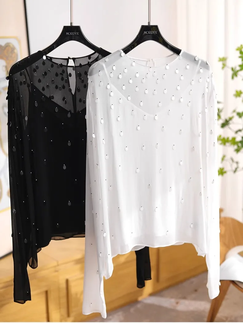 

Exquisite Silk Flocking Feather Heavy Duty Top Flowing Straight French Style Asymmetric Sequin Long Sleeve round Neck Shirt