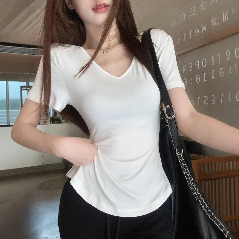 Damen Sommer Tailliertes V-Ausschnitt Kurzarm-T-Shirt Figurformendes Oberteil Studentin Mädchen Lässiges Sport-T-Shirt Damen Oberbekleidung Basisschicht