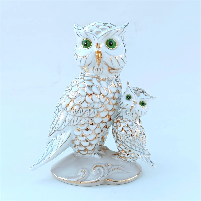 Porcelain Mom and Baby Owl Miniature Gilt Ceramics Nighthawk Figurine Mother Ornament Craft Decor Birthday Gift for Mother's Day