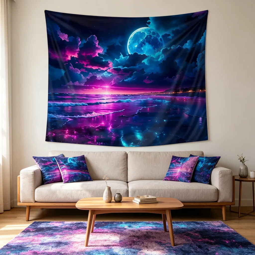 1PC Blue Moon Ocean Art Print Backdrop Banner, Bedroom Living Room Photo Background, Polyester, Home Decor, Wall Art