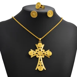 Ethiopian Eritrea Ethnic Jewelry Sets With Big Cross Pendant Necklaces Earrings Rings Women Girls Africa Wedding Party #340106