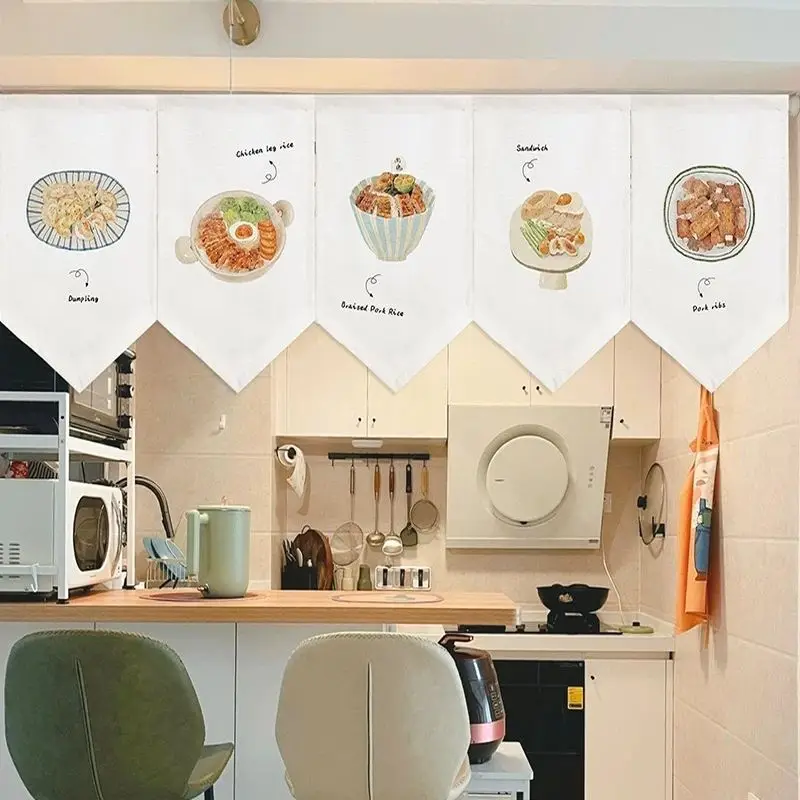 VIKAMA Cartoon Gourmet Pattern Triangular Fabric Hiding Curtain Delicious Food Art Shelf Shield Curtain for Kitchen Home Decor