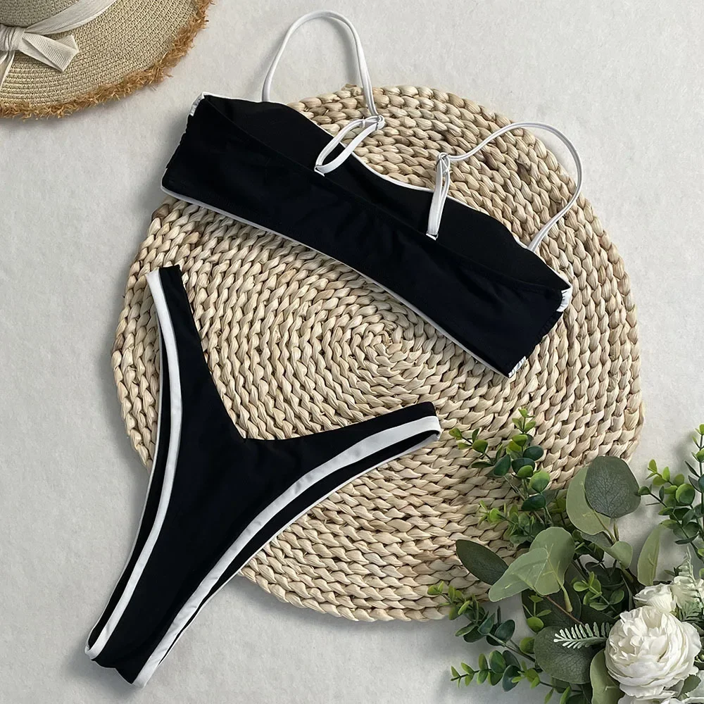 

Sexy Black White Patchwork Bikini 2025 Women Halter Push Up Thong Swimsuit Brazilian Beach Bathing Suit Micro Swimwear Biquini