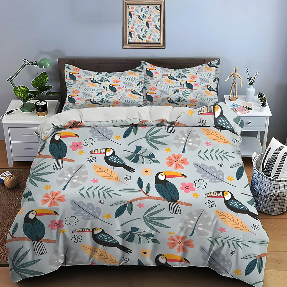Tropical birds with leafy floral Pattern Duvet Cover Set Digital Print Polyester Bedding with Zipper Closur for kids gifts