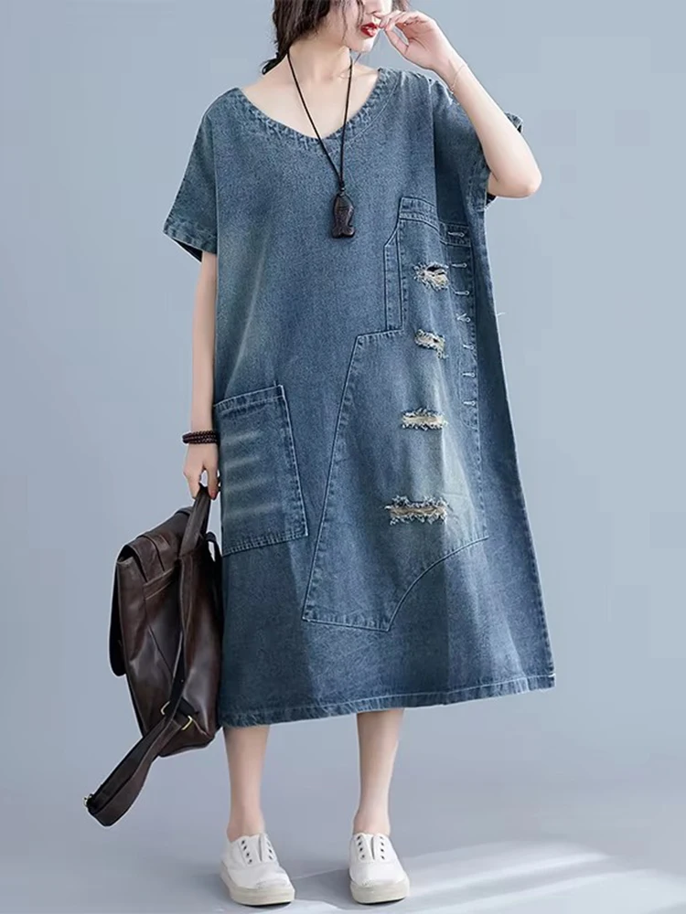 Amax luluE Letnia Koreańska Stylizacja Damska Punkowa Odzież Uliczna Długie Podarte Ubrania Damskie Jeansowe Sukienki Oversize Vintage Dziury Vestidos — zdjęcie 5