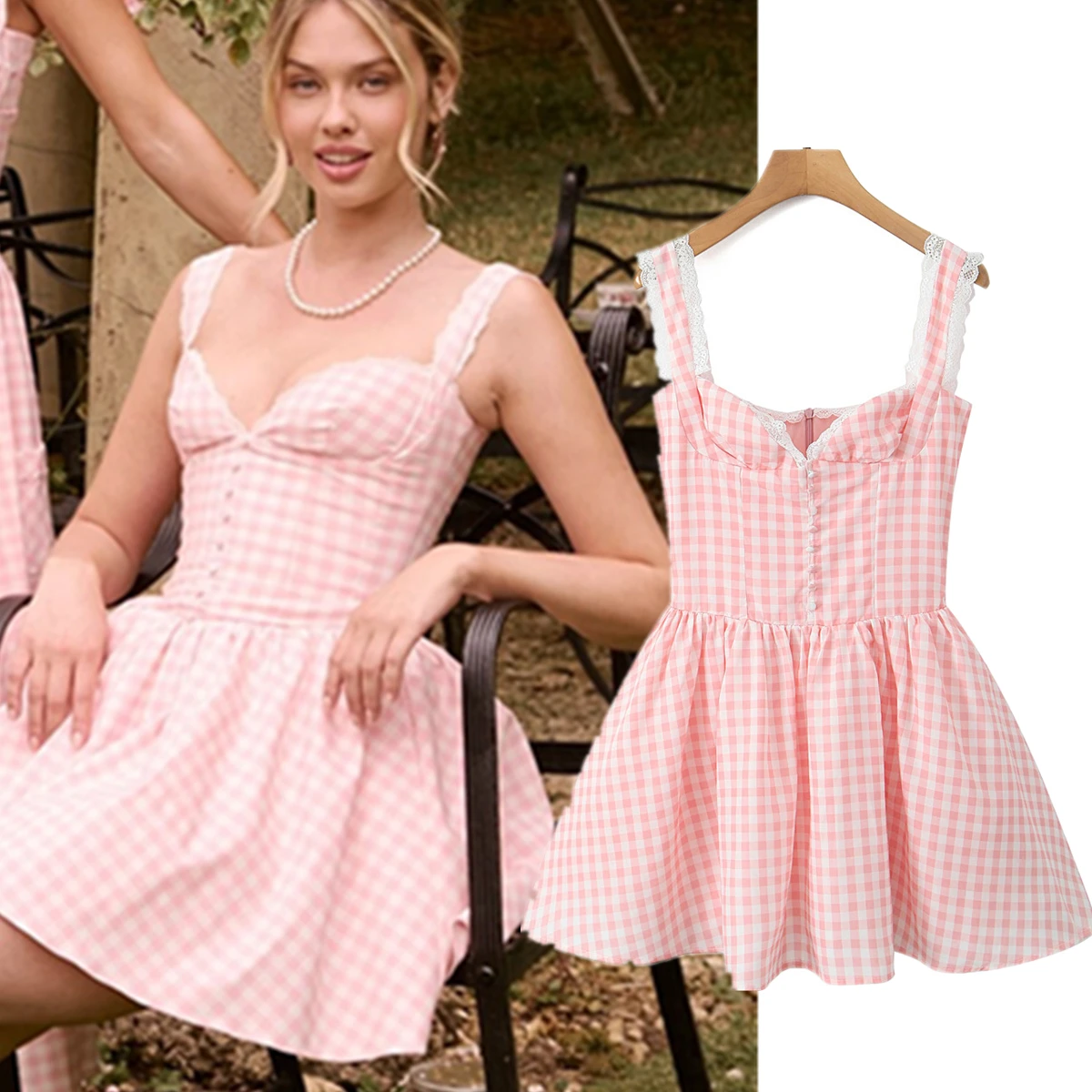 

Jenny&Dave Fashion Blogger Sexy Pink Mini Dress Women Slim Fit Strapless Checked Tank Dress