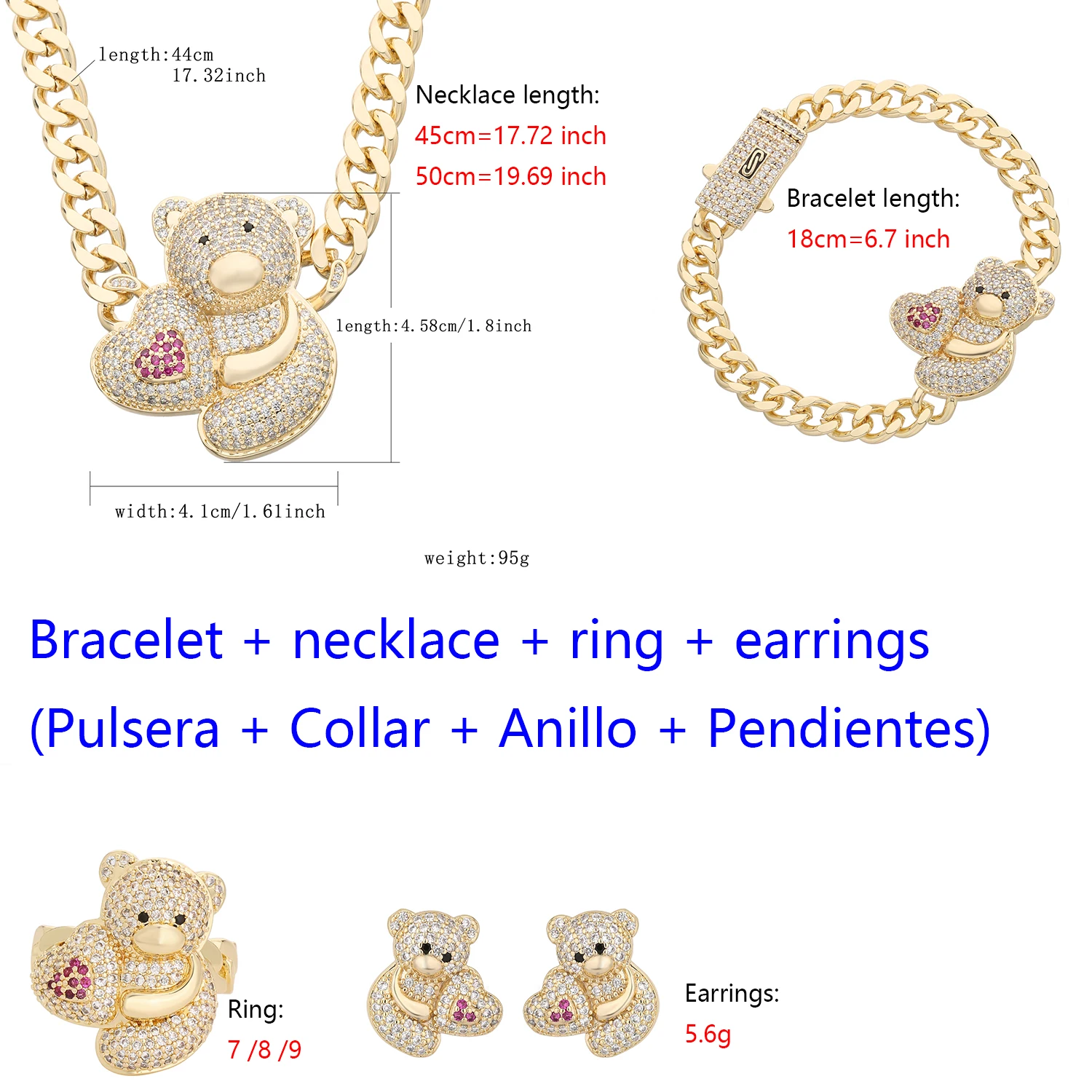 

Boy confession heart-shaped bear four-piece necklace bracelet ring earrings dating shiny zircon girl gift
