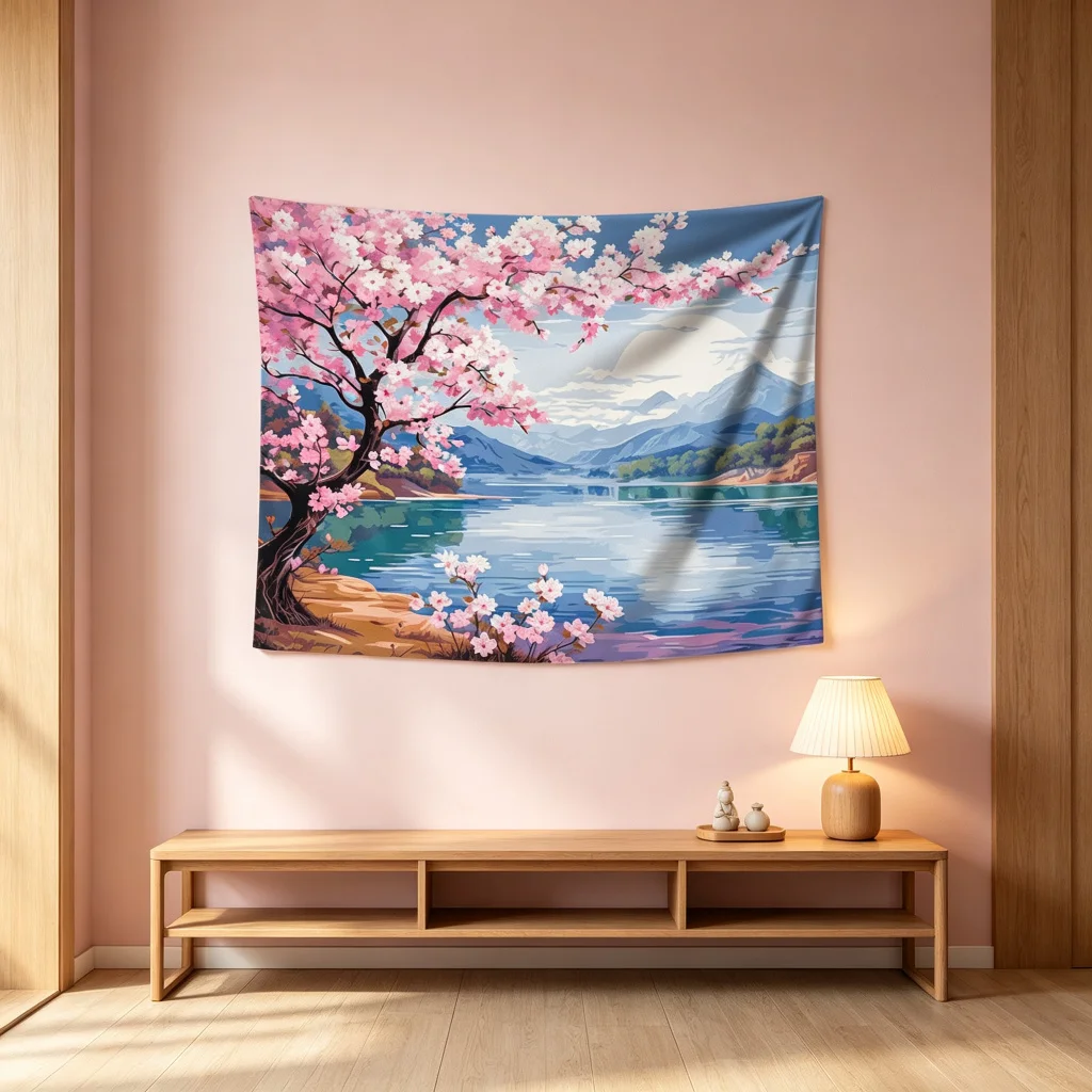 1PC Cherry Blossom Lake Print Backdrop Banner, Bedroom Photo Background, Polyester Wall Hanging, Home Decor, Wall Art