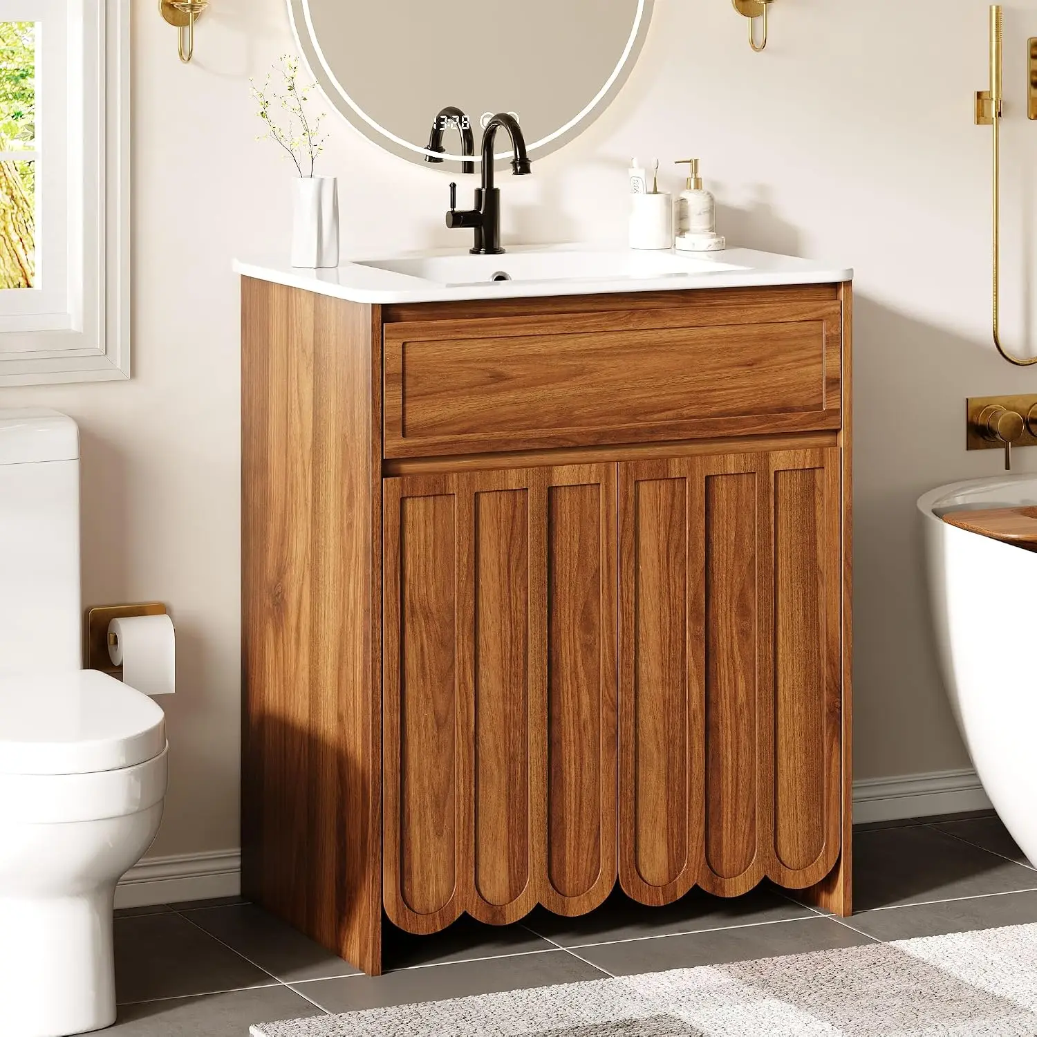 28 inch Brown Bathroom Vanity with Sink, Small Bathroom Sink Vanity Cabinet