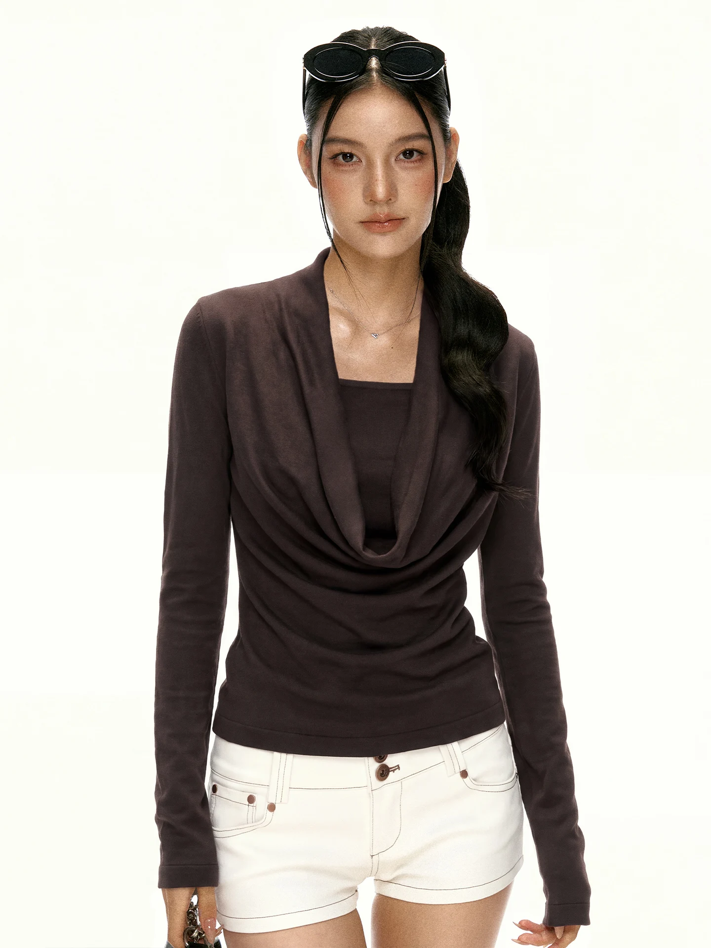 Aaisup Coffee Color Long Sleeve T-Shirt Women's Initial Autumn New Design Slimming Base Layer Top Casual Style Bodycon Fit
