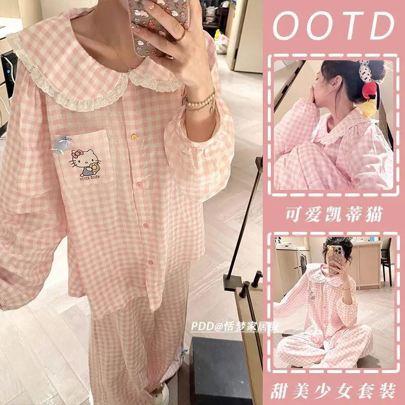 

Sanrio Long Sleeve 2Pcs Hello Kitty Printed Pajamas Lace Edge Pants Dormitory Home Clothes Cartoon Cute Set Spring and Autumn