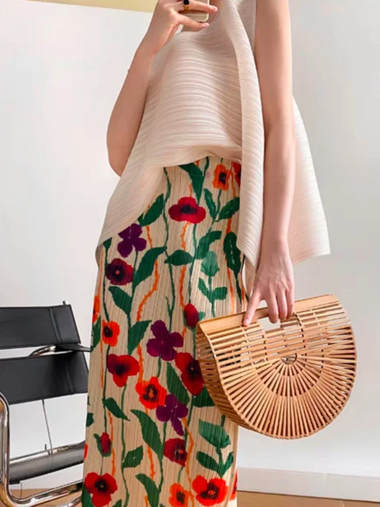 Midi Print Skirts Women Vintage Summer Holiday Back-slit Mujer Aesthetic Prairie Style Office Lady Ins Temperament Casual Daily