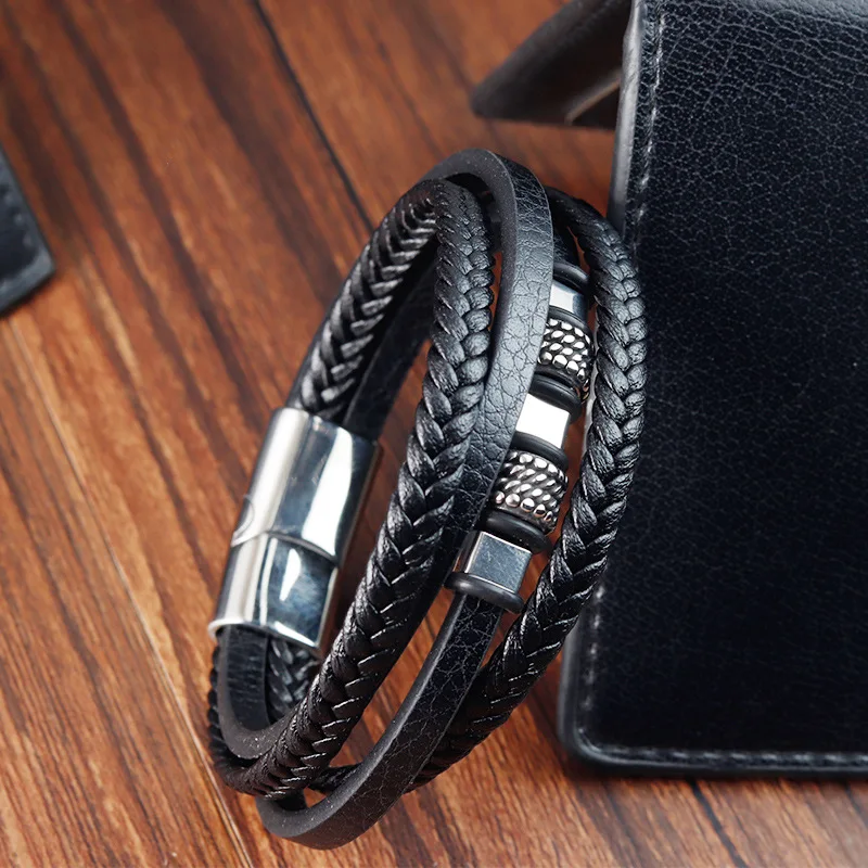 Simple Elegant Men's Stainlees Steel Fashion Leather Bangle Multi-Layer Woven Batch of Bracelets Wholesale