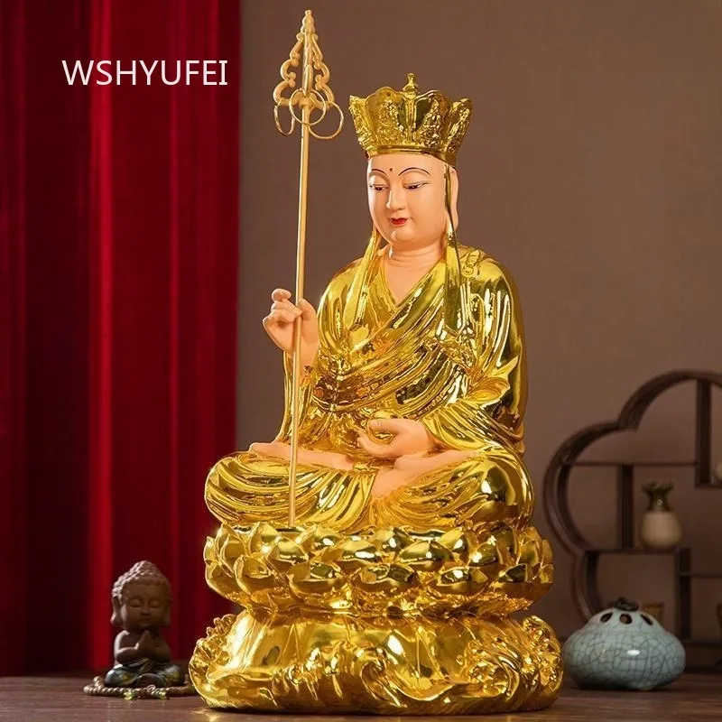 Painted Gold Ksitigarbha Buddha Statue Resin Dizang King Sculpture, Lotus Seat Buddhist Ornament for Household Prayer Worship