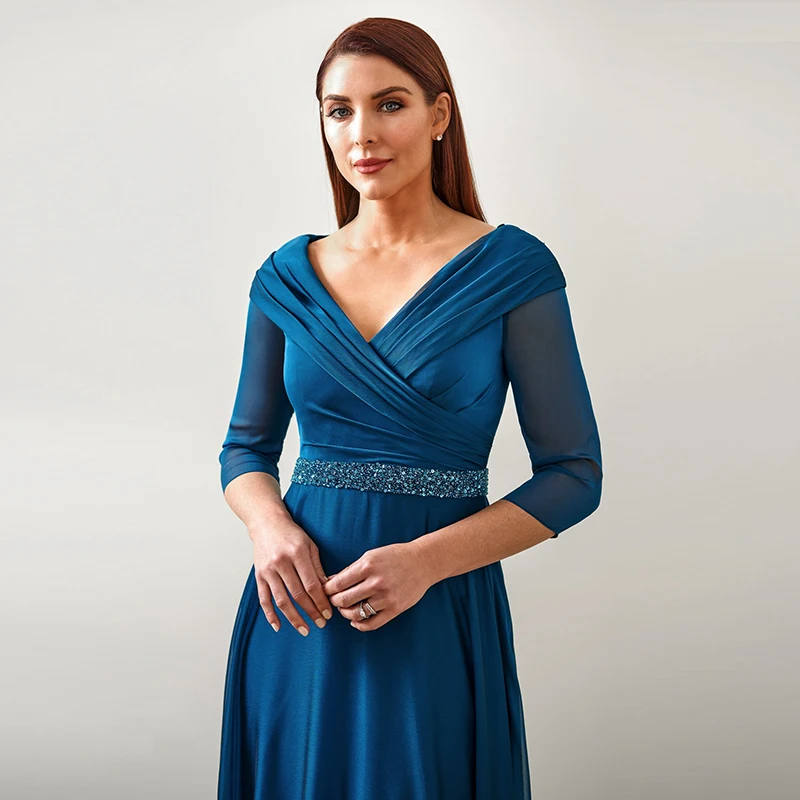 Robes de mère de la mariée bleu Industries celle, ligne A, manches longues, col en V, mousseline perlée, pleine longueur, mousseline de soie, robe de soirée formelle, robe de Rh, 3/4