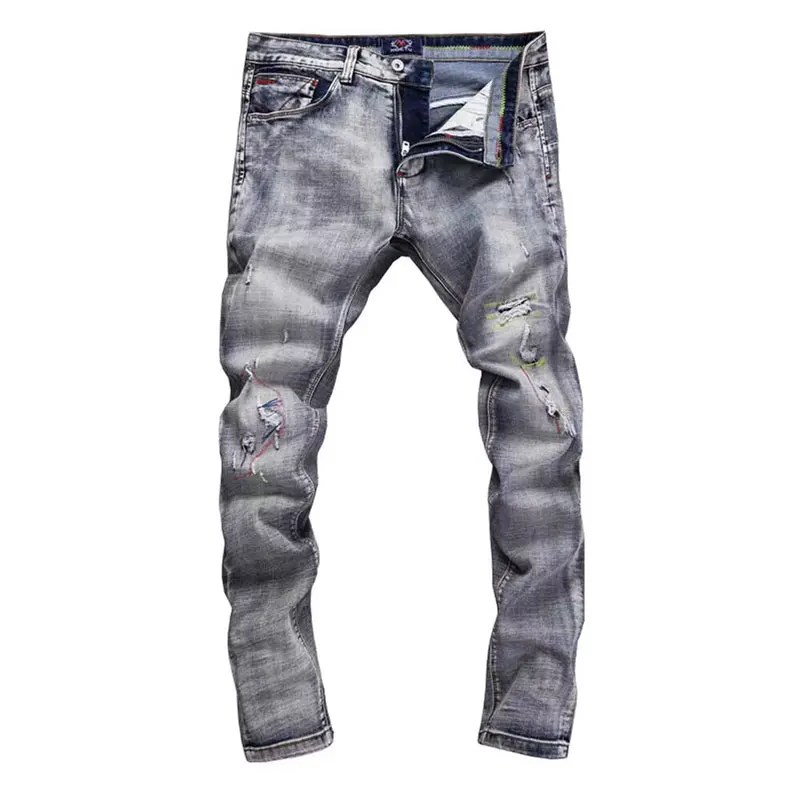 Fashion Designer Men Jeans High Quality Retro Gray Blue Stretch Slim Fit Ripped Jeans Men Embroidery Vintage Denim Pants Hombre