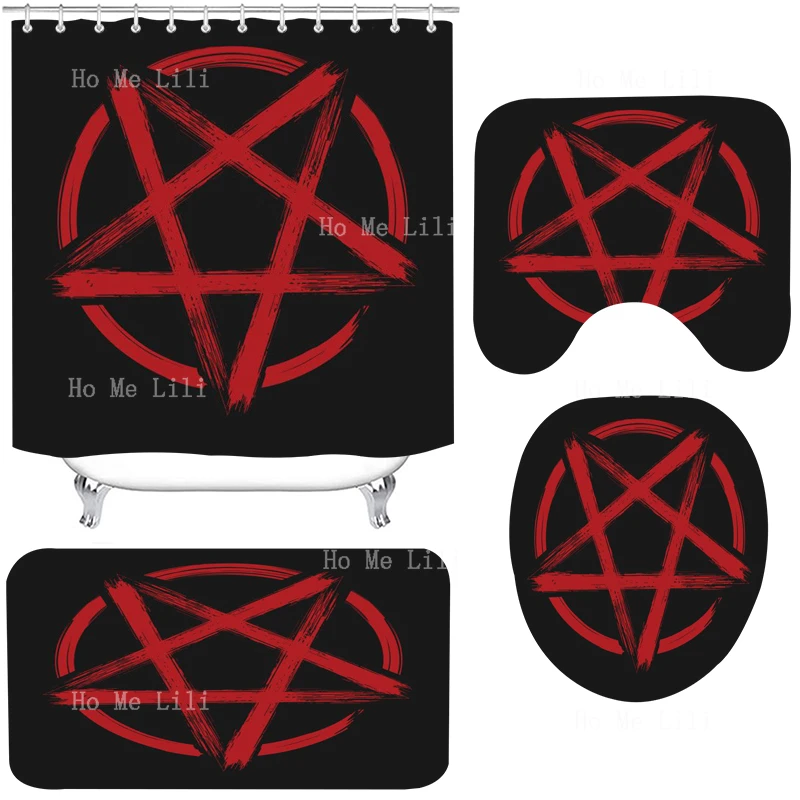 Pentagram Blood Red Rune Spell Circle Satanic Art Evil Goat Head Shower Curtain Sets With Rugs