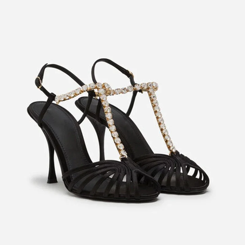 Rhinestone Chain T-Strap Hollow Pink Silk Sandals Women Black Hollow Shoes Summer Forged High Heels Stiletto Sexy High Heels 43