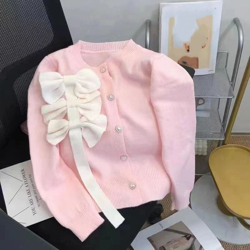 

Осенне-зимний новый трехмерный свитер с бантом, женский вязаный кардиган в корейском стиле с милым дизайном