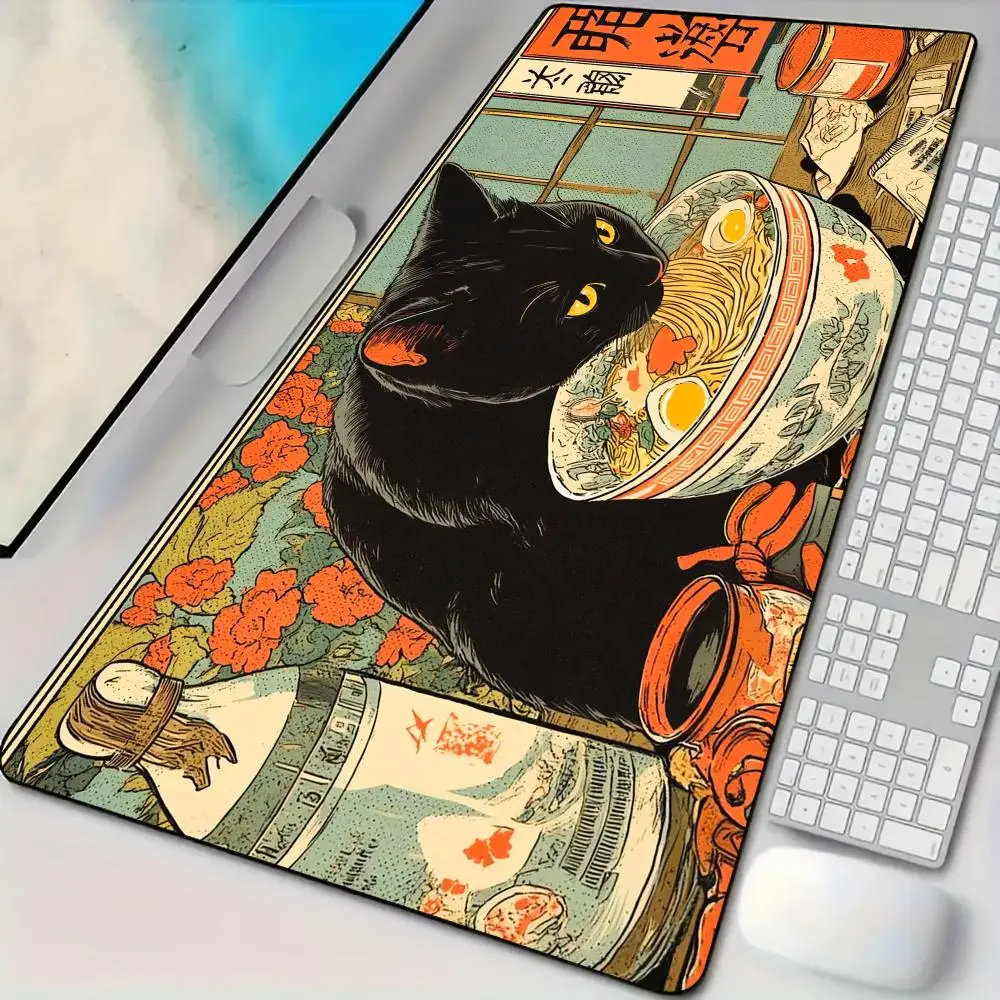 

Black cat Mouse Pad Artistic ukiyo-e Desk mat with stitched edges Natural rubber base maus pad suitable for office and gaming