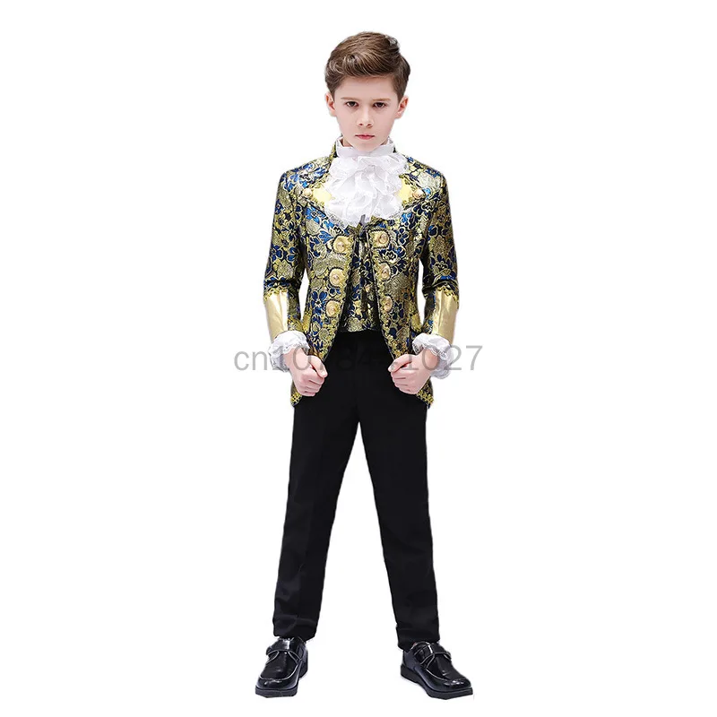 Kids Punk Halloween Costumes King Prince Renaissance Medieval Boy Gothic Cosplay Party Costume Coat+Pants+Tie Full Set