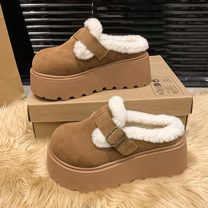 Women Fur Cotton Slippers Buckle Suede Platform Home Shoes 2025 Winter Boots New Fashion Warm Flats Plush Flip Flops Mules Shoes