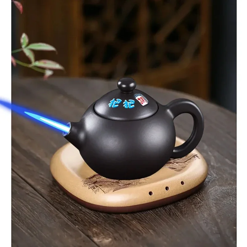 Rotating Decompression Creative Teapot Lighter Windproof Deep Blue Straight Flame Turbine Torch Lighter Small Portable Accessory