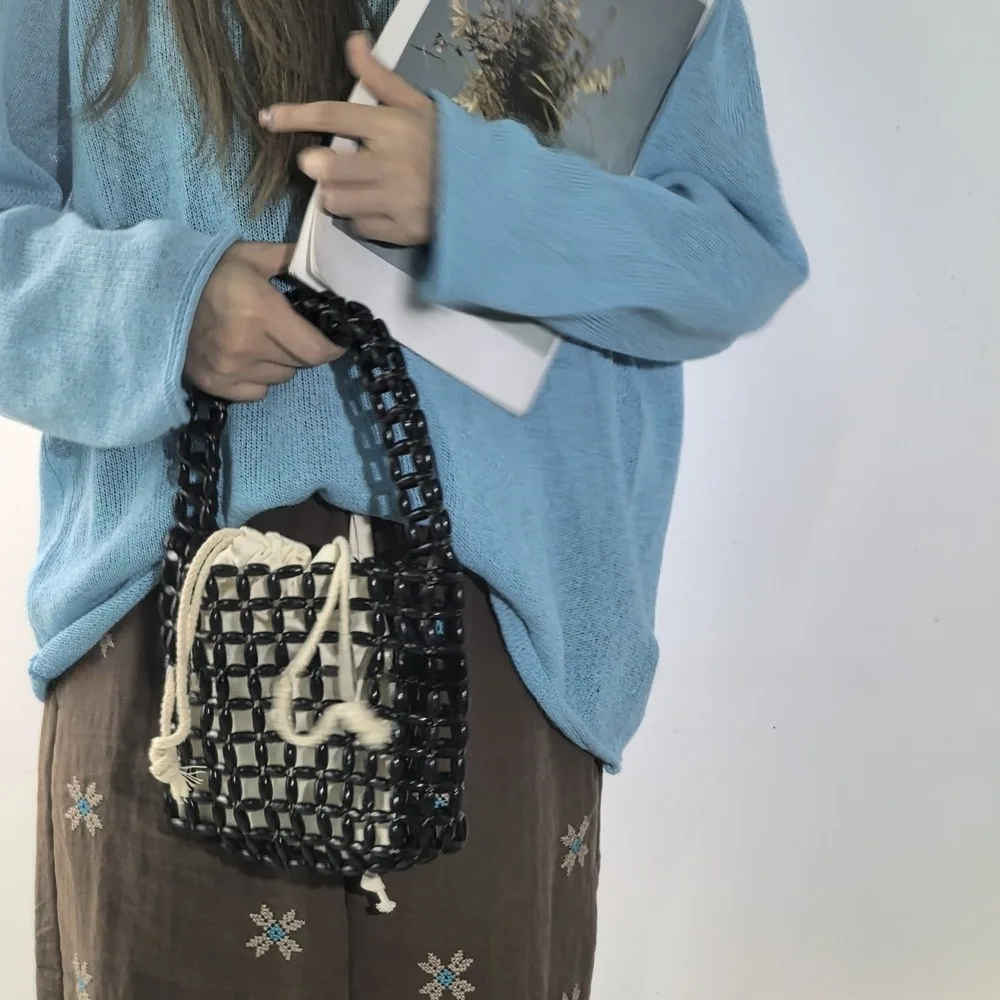 

Casual Handmade Beaded Woven Bag Vintage Pure Color Hollow Out Bag Chic Boho Openwork Bag Girls