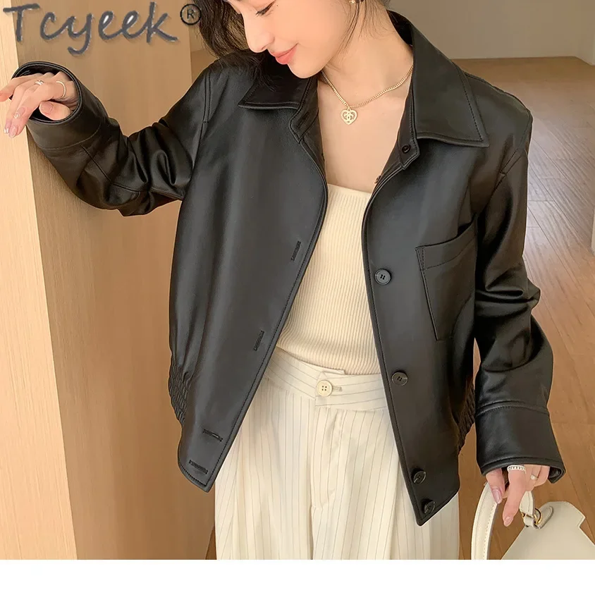 Tcyeek จริงหนังแจ็คเก็ตผู้หญิง 2024 แฟชั่น Sheepskin Coat ผู้หญิงสีดําแจ็คเก็ตหนังฤดูใบไม้ผลิฤดูใบไม้ร่วงเสื้อผ้า Jaqueta Couro