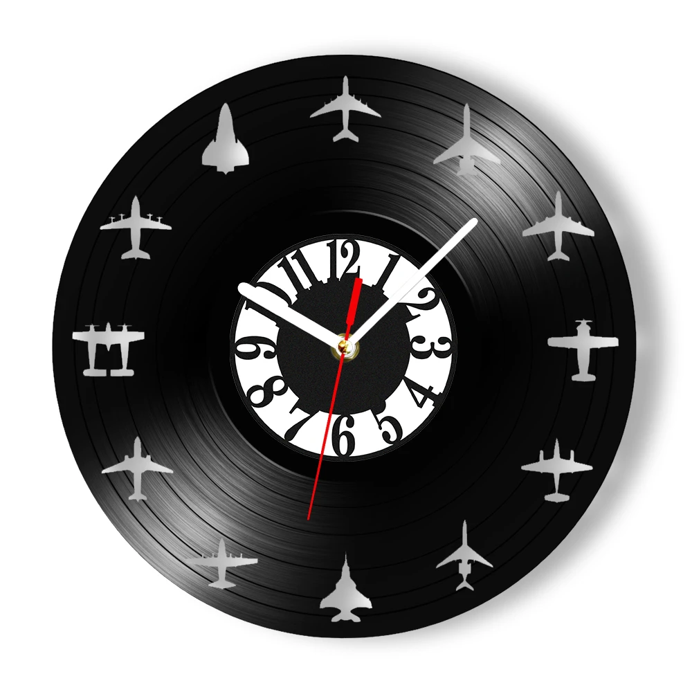 Vintage Aircraft Pilot Aviation Vinyl Record Wall Clock For Cockpit Office Aviators Airplane Fighter Shadow Art Home Decor Clock