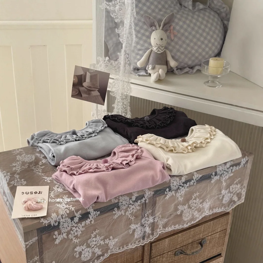 2025 New Girl's Doll Collar Ruffle Bottom Shirt Spring and Autumn Soft Sticky Lace Collar Long Sleeve T-shirt Interior