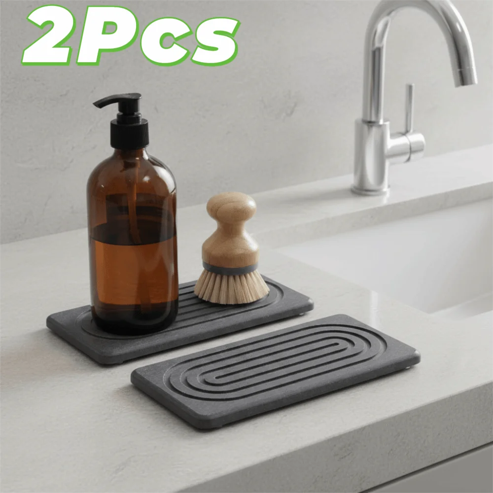 

2 Piece Quick Drying Water Absorbing Stone Tray Non Slip Groove Design Kitchen Sink Counter Tray Raised Feet Molds Resistant