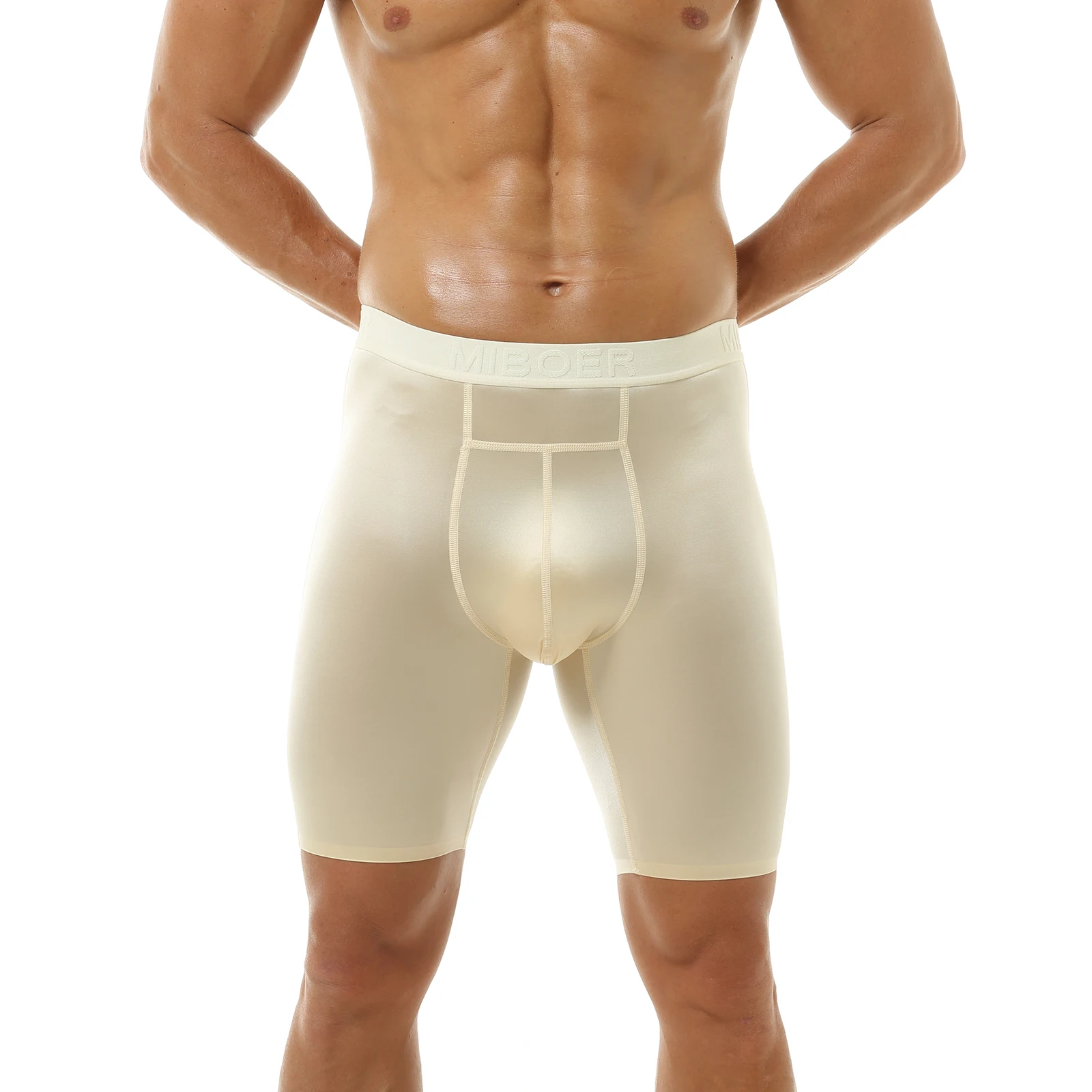 Glänzende Satin-Boxershorts für Herren, U-förmiger Vordertaschen-Design, Seidig Weiche Schlafbekleidung, Mittellange Boxershorts mit Breitem Bund – Detail 14