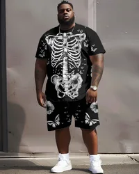 L-9XL Extra Large Size Summer Outfit - Skull Pattern Round Neck Short Sleeve & Shorts Ensemble Fashionable  Versatile  For ZOOY