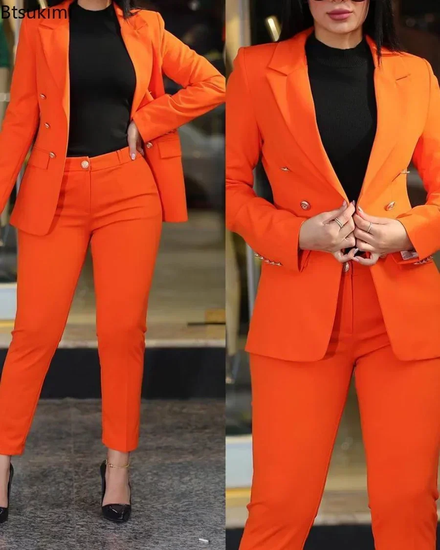 New 2025 Formal Office Pant Sets Women 2PCS Double Breasted Solid Blazers Jacket and Pants Two Pieces Set Female Pant Suits Sets