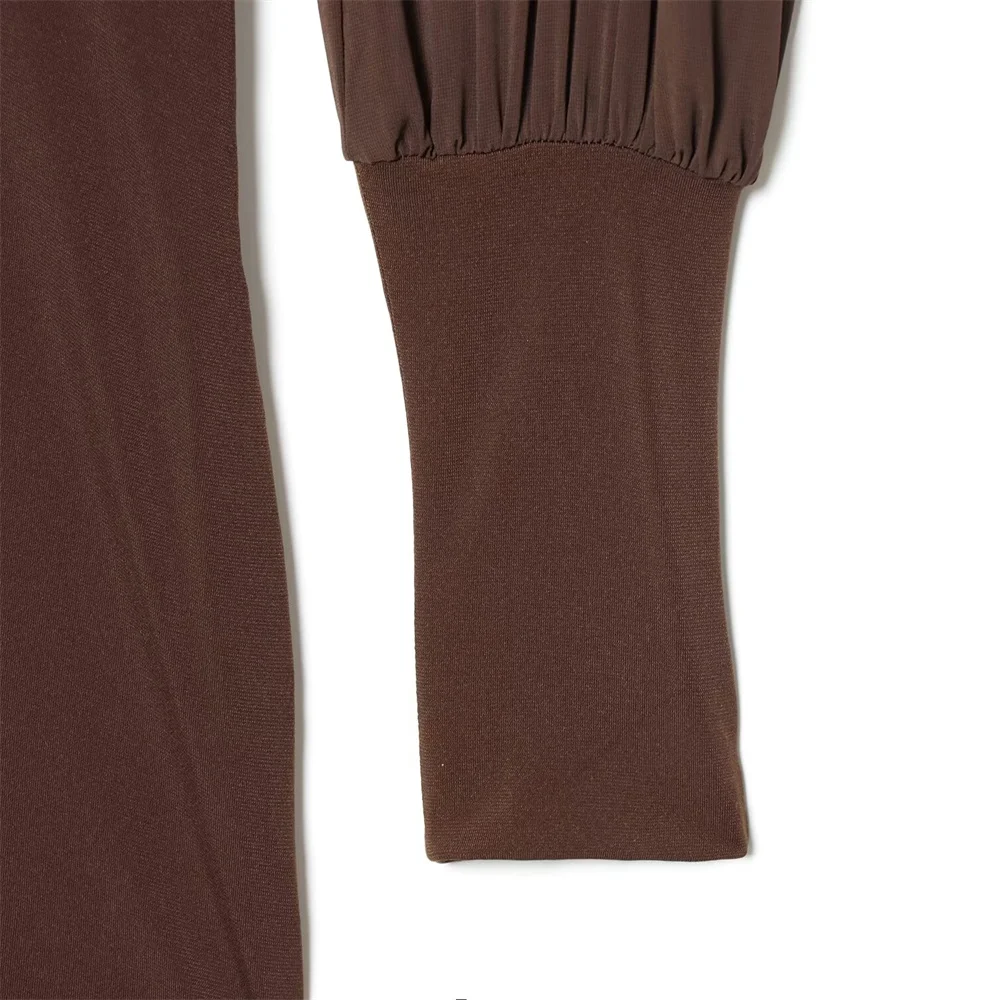 ملابس نسائية شتوية جديدة بمزاج نحيف مع وسادات كتف وأكمام طويلة وياقة واقفة وفتحة على شكل فيونكة فستان قصير