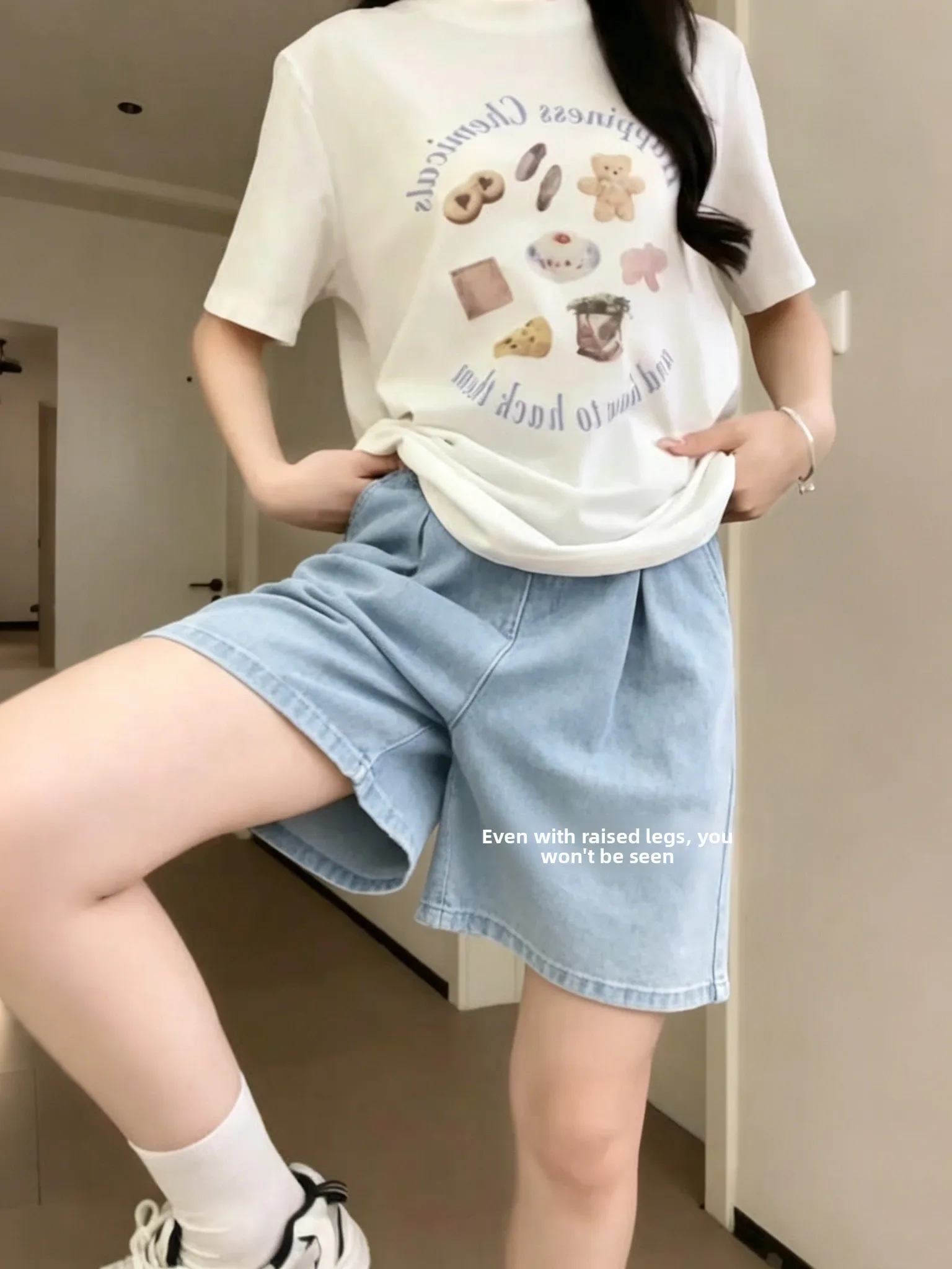 

Retro Washed Blue Denim Short Shorts Women's High Waist Wide Leg A-Line Pants Elastic Waist Versatile Thin Hot Shorts Summer