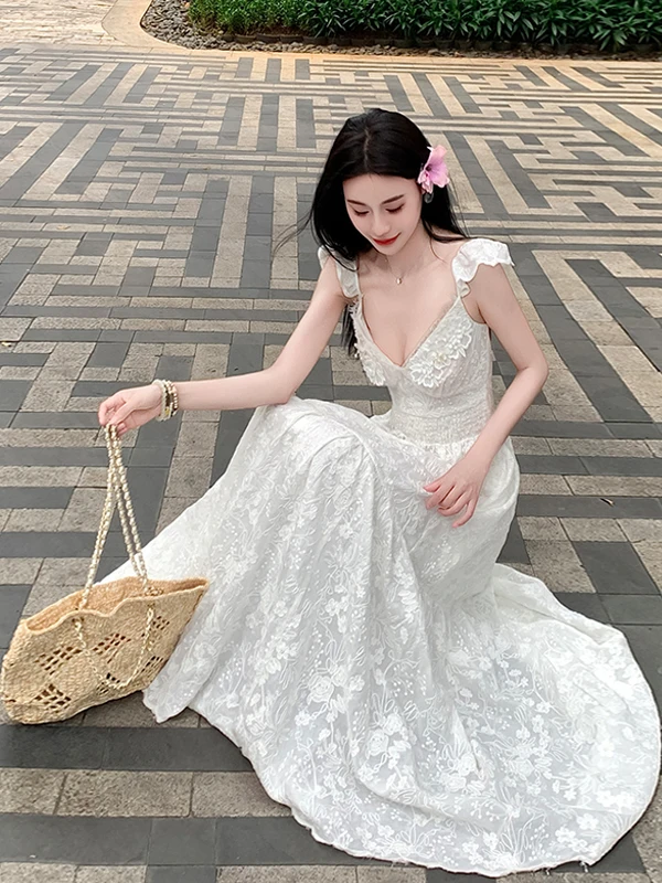 Beachy White Lace Stickerei Strapl Bal Dr Island Aosphere Schöner Rock Hohe Taille Baumwoll-Polyester-Mischung Sum...